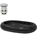 Lavabo en Céramique Noir Mat, 650 x 450 x 110 mm, Ovale, avec Bouchon de Vidange 1 1/4 Universel Push Open, Vasque à Poser Évier Lave-Mains pour