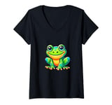 Womens Happy Cartoon Frog V-Neck T-Shirt