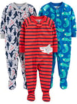 Simple Joys by Carter's Boys' 3-Pack Loose Fit Flame Resistant Polyester Jersey Footed Pajamas Baby and Toddler Sleepers, Blue Chameleon/Grey Shark/Red Stripes, 6-9 Months (Pack of 3)