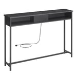 VASAGLE Table Console Fine avec Multiprise, Table de Canapé avec 2 Compartiments, Chargement Caché, Gain de Place, 25 x 120 x 81 cm, pour Entrée, Salon, Noir Boisé et Noir d'encre LNT111B01