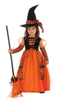 Rubies Déguisement sorcière brillante pour fille, robe de sorcière pour enfant, couleur orange, avec détails en paillettes et chapeau à paillettes pour Halloween, carnaval, anniversaire et Noël