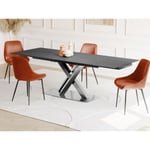 Vente-unique Table à manger extensible THYLIA - 6 à 8 personnes - Céramique et Métal - Effet marbre noir