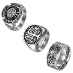 Flongo Bague Homme Acier Inoxydable: Ensemble de 3 Bagues Chevalières Vikings Noeud Celtique Arbre de Vie Runes Norvégiennes Montard Biker - Cadeau Anniversaire Fête des Pères