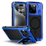 Lanhiem Coque pour iPhone 15 Pro Max, Métal et Rigide [Protection Caméra & Supports] Antichoc Militaire avec du Verre trempé Integrale Indestructible Chantier Etui [Compatible Charge sans Fil] Bleu