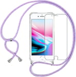 Collier Cordon Coque Pour Apple Iphone Se 2022/2020/Iphone 8/7 4.7"" Avec 1 X Protecteur D'écran En Verre Trempé,Avec Cordon Réglable Housse Transparente Étuis À Bandoulière,Violet 01