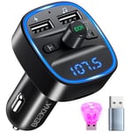 Transmetteur FM Bluetooth 5.3 - Adaptateur Bluetooth pour Voiture - 2 Ports USB - Chargeur de Voiture - Écran LED - Lecteur de Musique - Allume-Cigare avec Mains Libres - Prise en Charge BT, Carte TF