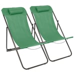 2x Matt Black/Green Folding Metal Deck Chairs Garden Beach Camping Lounger