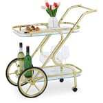 Relaxdays Chariot de service, roulettes et roues, 2 étages, verre et fer, HLP : 80x43x85 cm, desserte roulante, laiton