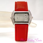 Silver & Red Ladies Dual Dial Twin Time Multi Zone Watch w/ Swarovski Crystals