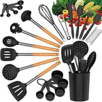 LVEON Ensemble d'ustensiles de cuisine, 33 ustensiles de cuisine en silicone, ustensiles de cuisine résistants à la chaleur, spatule, cuillère, poignée en bois sans BPA, ensemble d'ustensiles de