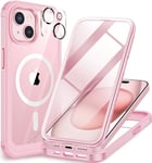 CENHUFO Magnétique Coque iPhone 15 Plus, Compatible avec MagSafe intégré Verre Trempé Protection écran et Protecteur Caméra, 360° Antichoc Téléphone Housse Double Face Case Intégrale Etui - Rose