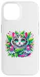 iPhone 14 Beloved Cat with Green Leaves Cat Lovers Pink Waterfalls Case