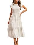 Yuson Girl Robe Longue Femme Ete Robe de Plage Boheme Casual Robe Maxi de Cocktail élégante Robe à Col Rond et à Manches Volantées élastique Taille Haute (Blanc, XL)