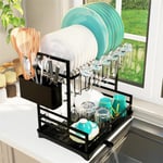 2-Tier Dish Rack Drainer Plate Cup Drying Storage Drip Tray Cutlery Holder Home