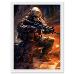 Artery8 Army Warfare Desert Sniper Explosion Flames Oil Painting Soldier Action Scene Artwork Framed A3 Wall Art Print