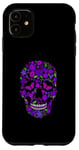 Coque pour iPhone 11 Fleur noire en sucre Motif tête de mort Violet