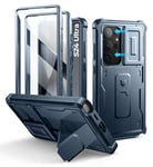 Dexnor pour Coque Samsung Galaxy S24 Ultra【Double Cadre Avant et Support】 avec CaméRa Coulissante Intégrée & Protecteur d'écran, Coque de Protection Robuste Résistante Aux Chocs - Bleu Marine