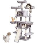 VEVOR Arbre à chat, 174 cm, tour d'escalade à chats avec griffoir en sisal, 2 niches, hamacs, perchoirs supérieurs, plates-formes de saut, rampe, balles suspendues, pour activité intérieur, gris clair