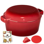 Overmont Cocotte 2 en 1 en Fonte Émaillée Dutch Oven Pot en Fonte Four Néerlandais Marmite avec Livre de Recettes Couvercle pour Cuisine Camping Jardin BBQ