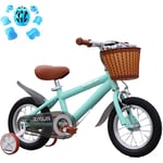 JACK'S CAT 12" 14" 16" 18" Kids Bike, 2-12 Year Old Boys and Girls Carbon Steel Children's Bicycles, With Training Wheels, Basket and Protective Equipment,Green,12in