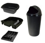 BLACK KITCHEN SET - 50L BULLET BIN, DISH DRAINER, WASHING UP BOWL & CUTLERY TRAY