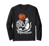 Skeleton Pumpkin Head Pet Cat Halloween Bones Jack O Lantern Long Sleeve T-Shirt