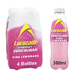 Lucozade Zero Fizzy Drink, Pink Lemonade Flavour, Sugar Free, Low Calorie, 4 Pack, 380ml Bottles