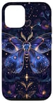 Coque pour iPhone 15 Pro Papillon bleu foncé Luna Moth Witchy Blue et fleurs violettes