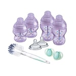 Tommee Tippee Biberon Kit Naissance pour Nouveau-Né Anti-Colique Avancé, 2 Tétines Imitant le Sein Maternel avec Valve Anti-Colique, Biberons 2 x 260ml – 2 x 150ml, 2 Sucettes 0-6m,1 Goupillon,Violet