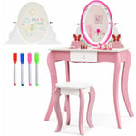 2 en 1 Coiffeuse Enfants avec Tabouret & Tiroir, Table de Maquillage avec Miroir Rotatif à 360° et Double Face, 4 Marqueurs, Dispositif