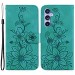 För Samsung Galaxy S23 Fe Imprinted Lily Flower Smartphone Case Pu Läder Stativ cover Green