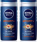 NIVEA MEN 3 in 1 Sport Shower Gel 2 x 250 ml Mens Body Wash for Body Face and Ha