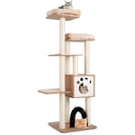 Arbre à Chat en Bois avec Niche et 2 Perchoirs en Peluche, Grand Condo pour Chat à Plusieurs Niveaux, Tour à Chat avec Poteaux en Sisal et Tapis