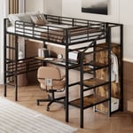 Lit mezzanine, 90200cm, sans matelas, bureau, armoire ouverte, marches de rangement, structure en fer, noir