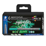 STAEDTLER 371 C6-3 Pigment Arts Brush Pen - Assorted Green & Turquoise Colours (Pack of 6)