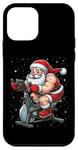 Coque pour iPhone 12 mini Père Noël sur vélo d'appartement, gym, fitness, entraînement, Noël, neige