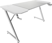 MGD-X140, Bureau Gaming Ergonomique, Surface en Fibre de Carbone, Structure Métallique, Tapis de Souris XXL, Supports Casque et Boissons, Gestion des Câbles, Bureau Gaming 140x60cm, Blanc