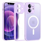 FLLAO Magnétique Coque pour iPhone 12 avec 2 Verre Trempé, Compatible avec MagSafe, Protection d'objectif Tout Compris, Etui Translucide Mat Arrière Housse Fine Antichoc Case, Violet Clair