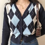 EIJFKNC Vintage V-Neck Plaid Long Sleeve Women Sweater Short Knitted Cardigan Sweaters Womes England Style Tops,Navy Blue,One Size