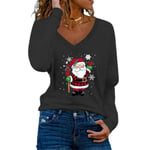 Jul Kvinnor Santa Claus brev printed V-ringad T-shirt Casual långärmad tunika Toppar Blus Black L