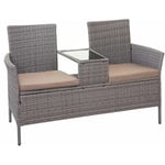 Hegele - jamais utilisé] Banc avec table en polyrotin HHG-243, banquette de jardin, meuble de jardin 132cm, gris, coussin crème