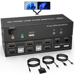 Kvm Hdmi Switch Dual Monitor 2 Port, 4K @ 60 Hz À Affichage Étendu Commutateur Kvm Hdmi 2 Entrées 2 Sorties Avec Sortie Microphone Audio Et 3 Ports Usb, Moniteur Pc Clavier Souris [VID065211]