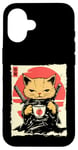 Coque pour iPhone 16 Kawaii Samurai Cat Drinking Coffee, Ninja Cat for Cats Lovers