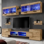 Meuble TV Foggia Komodee - LED Bleues - Bois naturel Mat et Bois naturel - 230 x 195 x 35 cm