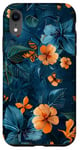 Coque pour iPhone XR Motif floral abstrait bleu avec abeilles tropicales vintage