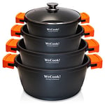 WECOOK! EcoChef Batterie de Cuisine à Induction 8 Pièces, Fonte d'aluminium, 4 Casseroles, Antiadhésif QuanTanium + Stone sans PFOA, Ensemble de Casseroles, Couvercles en Verre, Vitrocéramique, Gaz