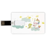 32G USB Flash Drives Credit Card Shape Unicorn Memory Stick Bank Card Style Baby Mystic Unicorn Girl Sitting on Fluffy Clouds and Hunting Nursery Image,Green Yellow Waterproof Pen Thumb Lovely Jump Dr