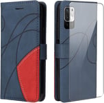 Coque Pour Xiaomi Note 10 5g / Poco M3 Pro 5g, Couleur Com Aison (Bleu Et Rouge) Pu Cuir Flip Housse Étui Avec Un Verre Trempé Film Protection Écran Pour Note 10 5g / Poco M3 Pro 5g