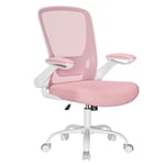 SONGMICS Chaise Bureau Ergonomique en Toile, Fauteuil, Support Lombaire Rembourré, Mécanisme à Bascule, Assise Large de 53 cm, Accoudoirs Rabattables, Rose Bonbon OBN037R01