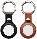 MOWIN 2 Pack Leather Protective Case Cover For Apple AirTag 2021, Lightweight Leather Tracker Holder with Keychain Hook, Safety and Anti-lost,Mini Easy to Carry (Black+Brown)